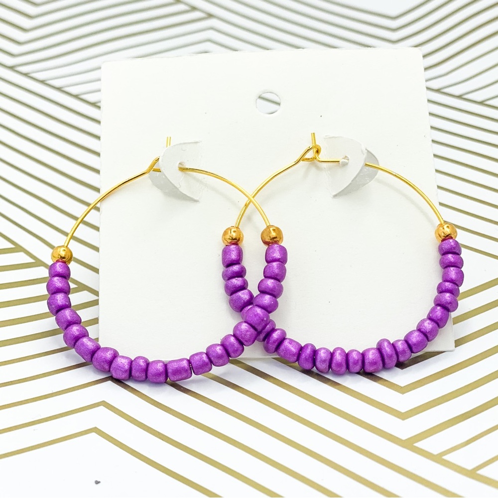 Gold earrings purple beaded hoops